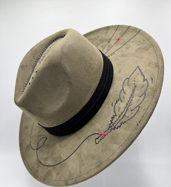 Wide brim army green fedora with carvings