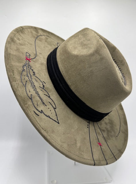 Wide brim army green fedora with carvings