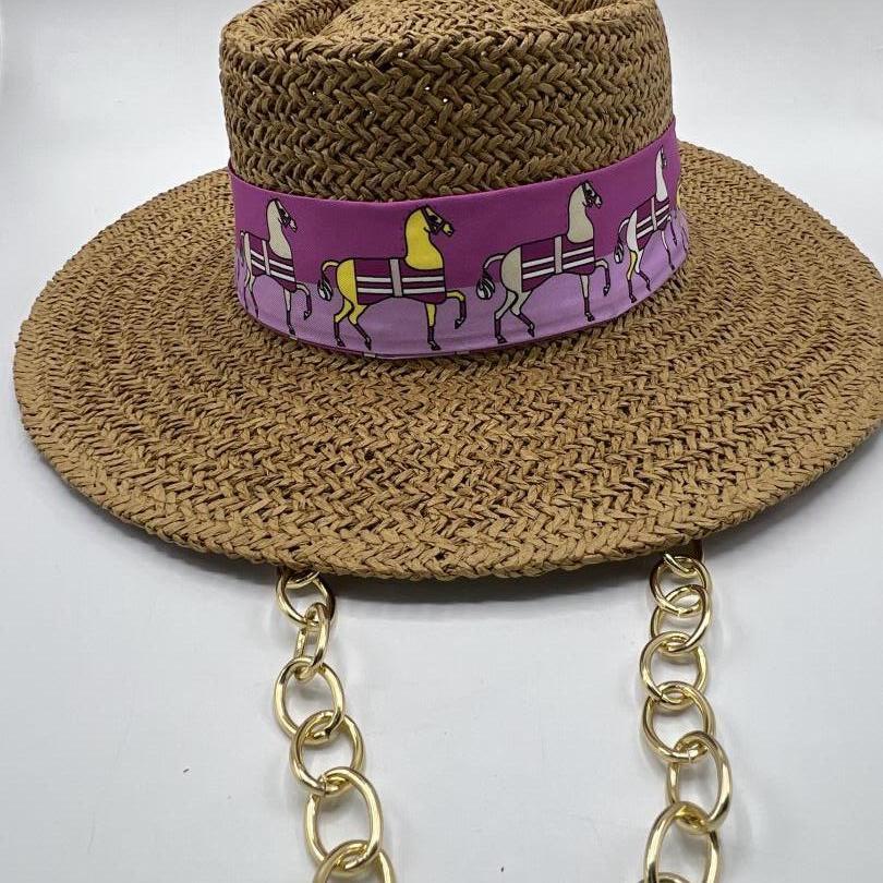 Natural straw boater with pink golden chain