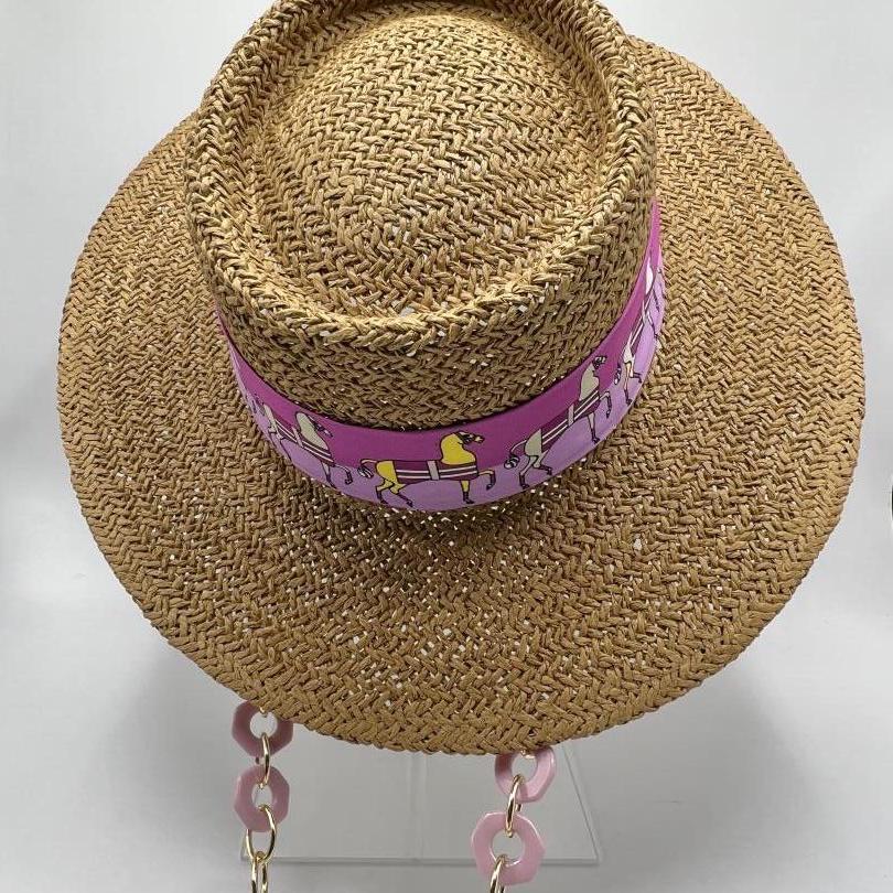 Natural straw boater with pink golden chain