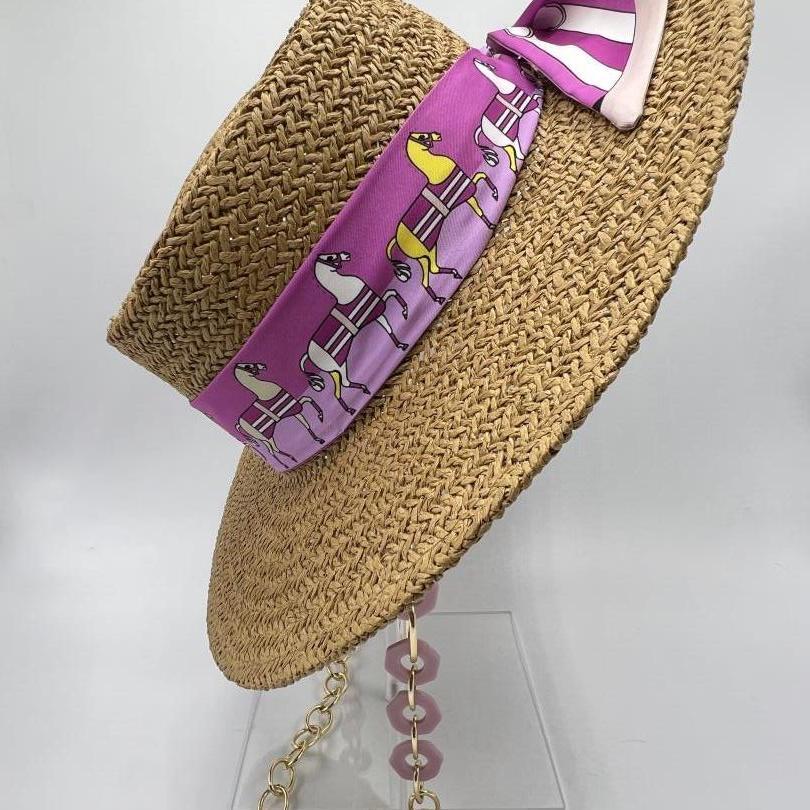 Natural straw boater with pink golden chain