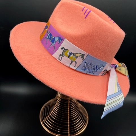 Salmon color fedora with purple details