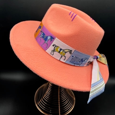 Salmon color fedora with purple details