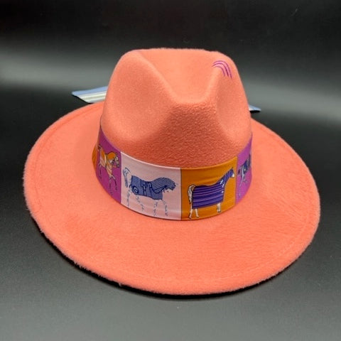 Salmon color fedora with purple details