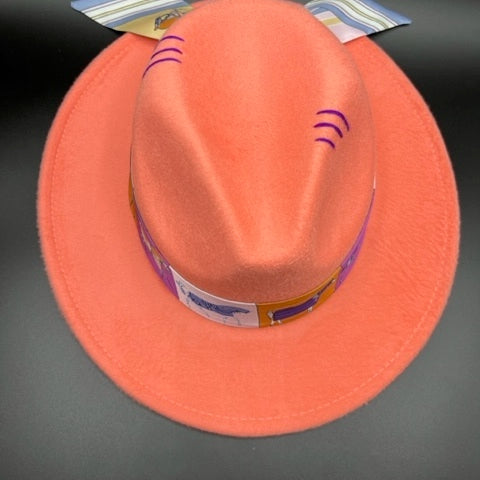 Salmon color fedora with purple details