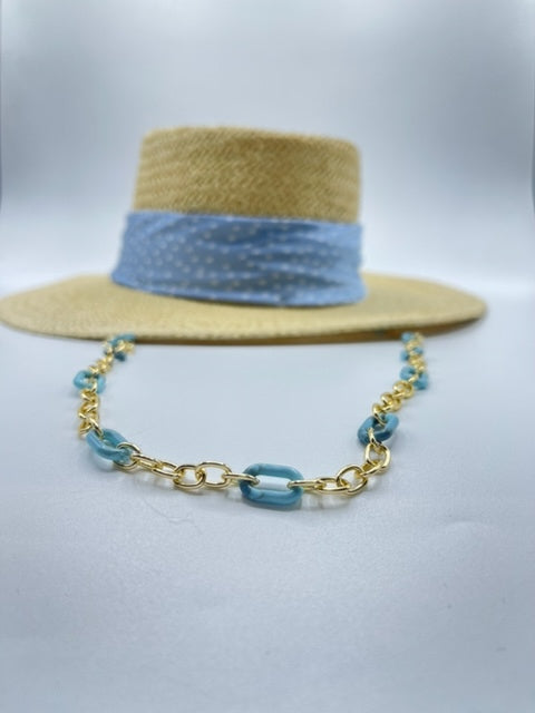 Summer paper straw hat with baby blue scarf and golden chain