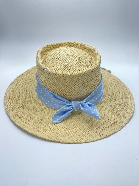 Summer paper straw hat with baby blue scarf and golden chain