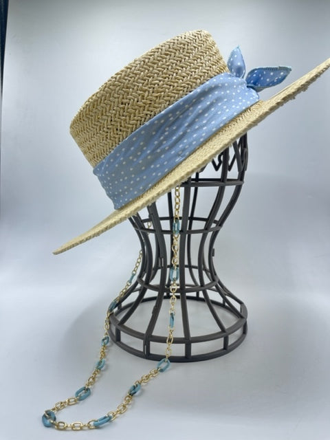 Summer paper straw hat with baby blue scarf and golden chain