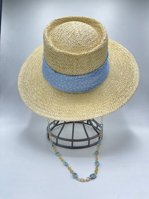 Summer paper straw hat with baby blue scarf and golden chain