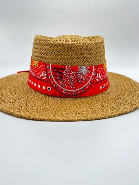 Summer paper straw hat with red bandana