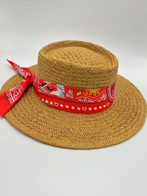 Summer paper straw hat with red bandana