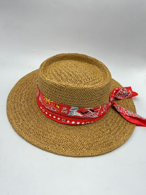 Summer paper straw hat with red bandana
