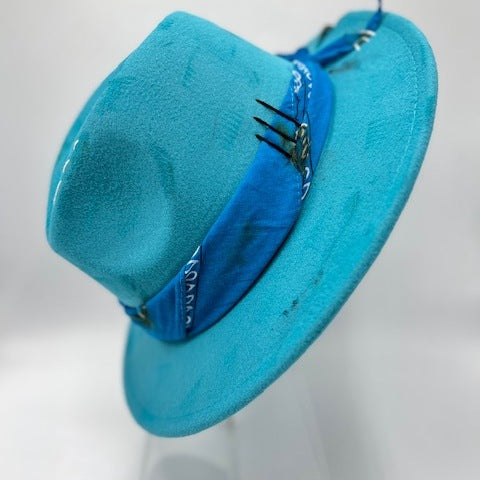 Turqoise fedora with bandana and burns
