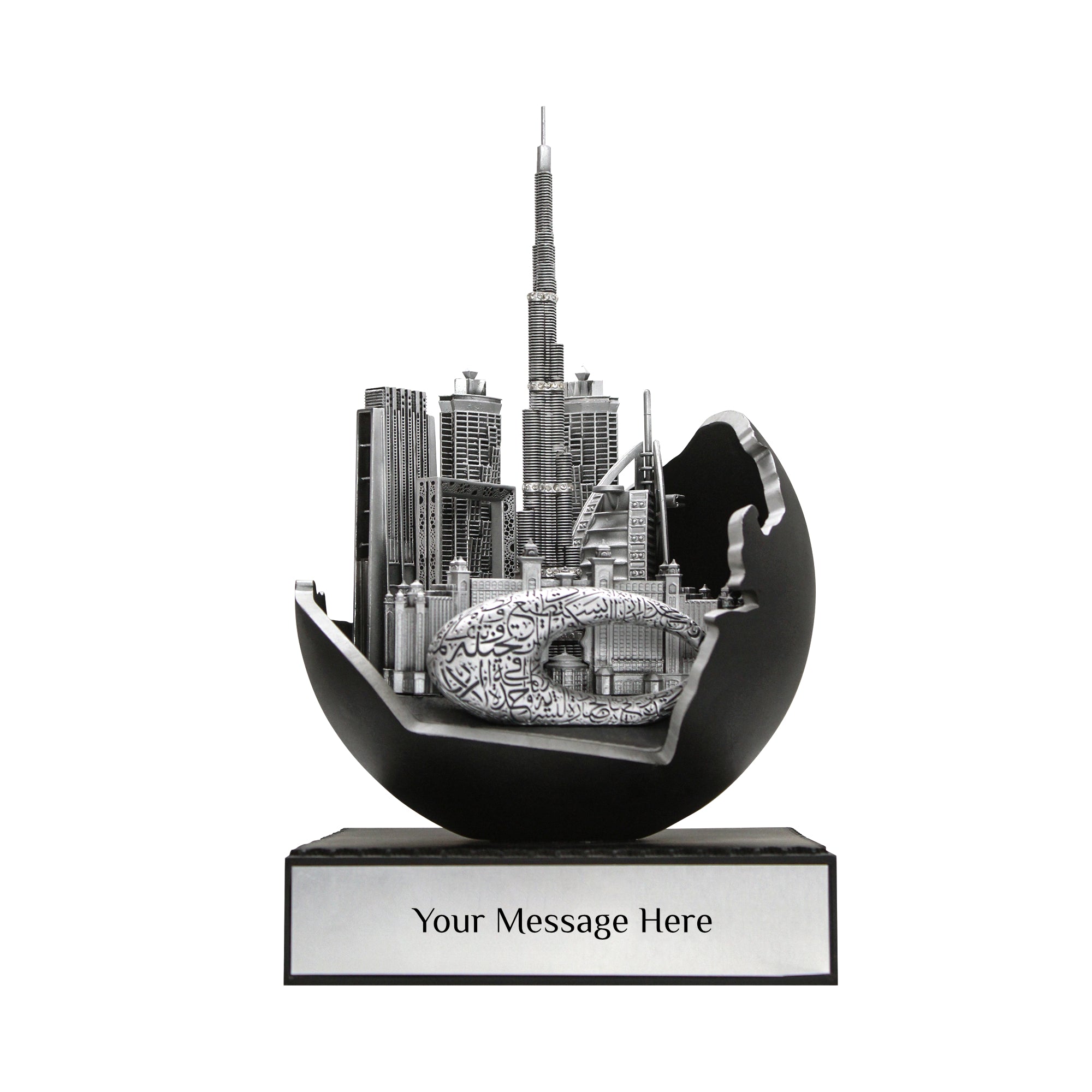 Dubai Skyline Souvenir with Iconic Landmarks with UAE Map Outline – Customizable Message Plate