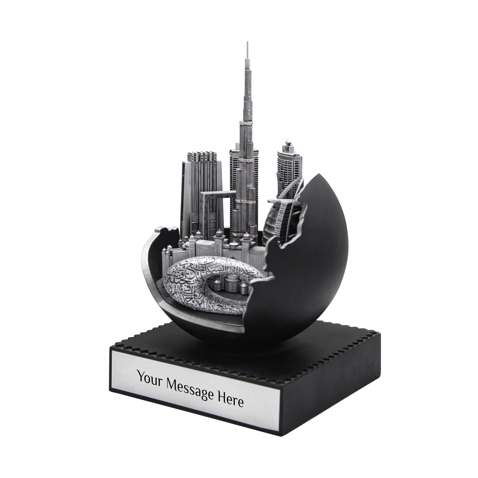 Dubai Skyline Souvenir with Iconic Landmarks with UAE Map Outline – Customizable Message Plate