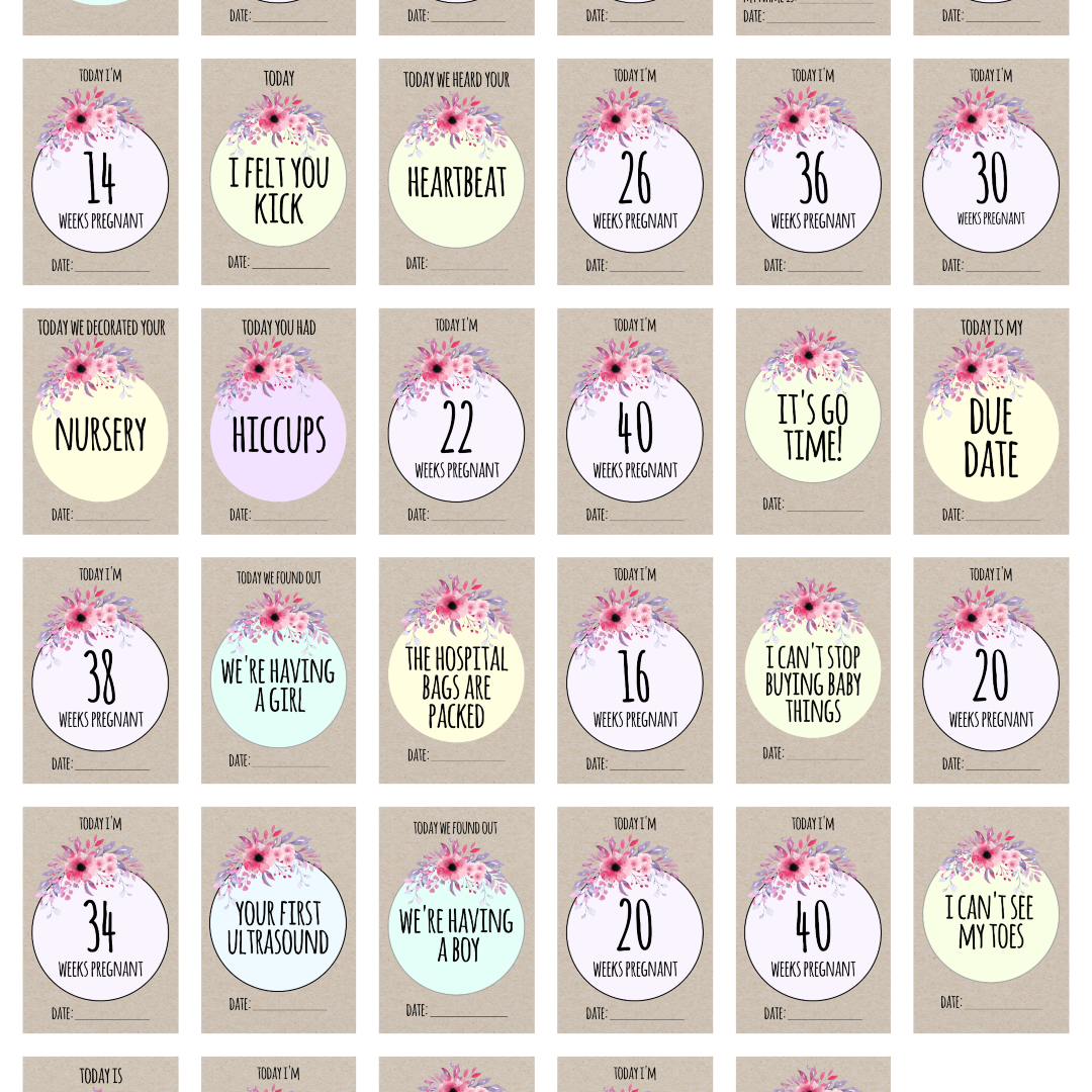 Watercolor Kraft Pregnancy Milestone Cards - Set of 30