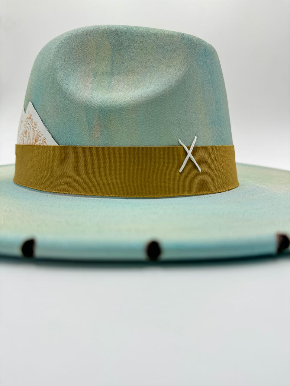 Hand painted large brim fedora pistachio/blue mix