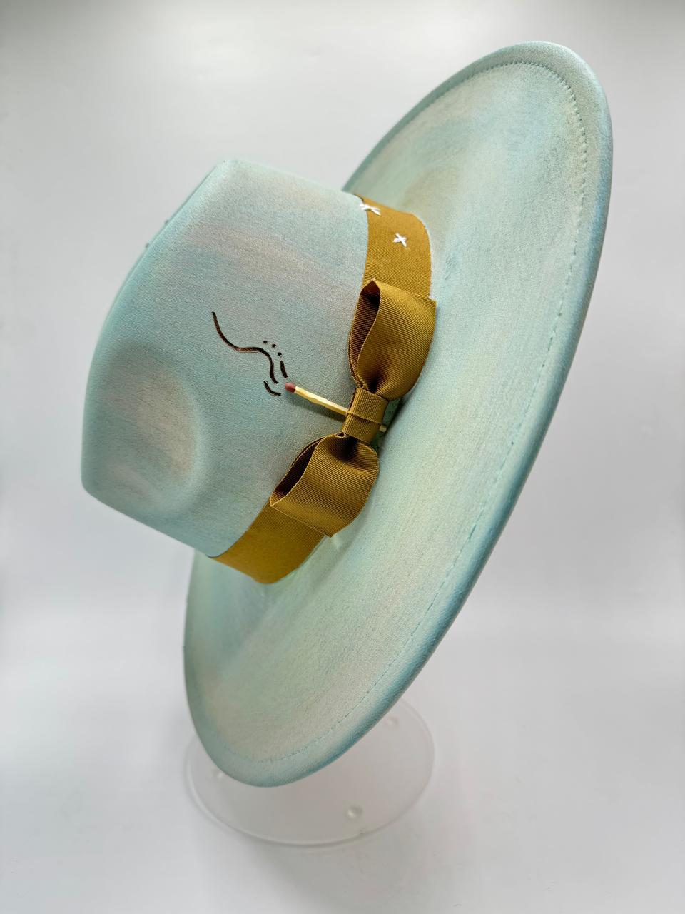 Hand painted large brim fedora pistachio/blue mix