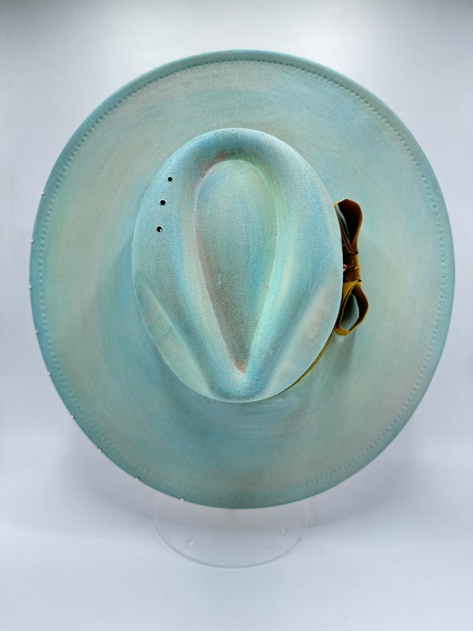 Hand painted large brim fedora pistachio/blue mix