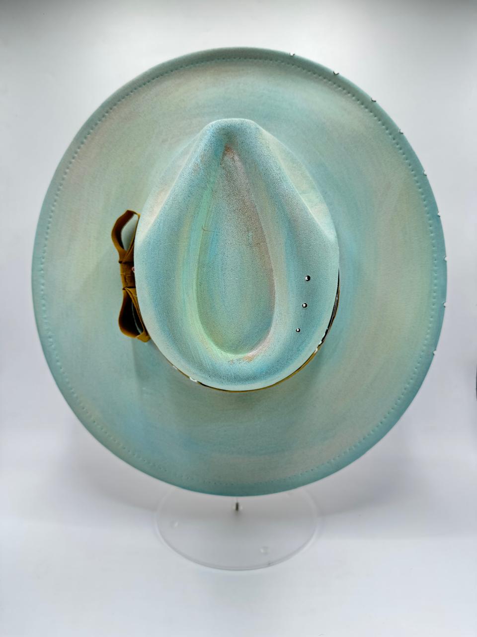 Hand painted large brim fedora pistachio/blue mix