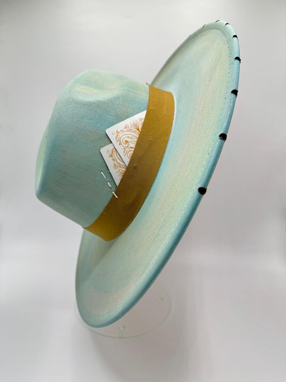 Hand painted large brim fedora pistachio/blue mix