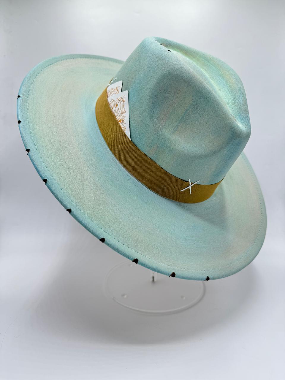 Hand painted large brim fedora pistachio/blue mix