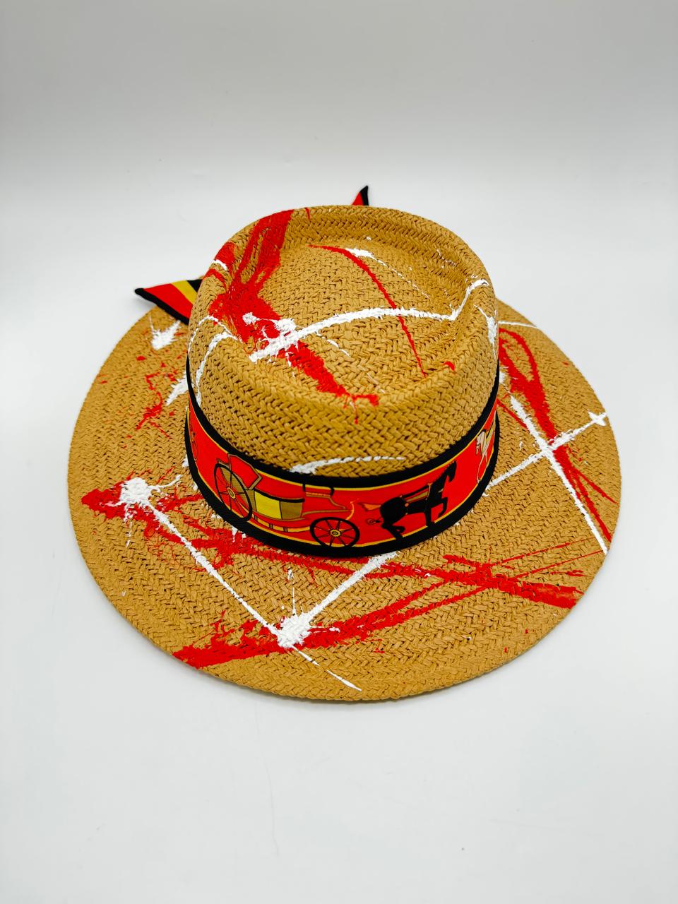 Paper straw boater with white and red paint