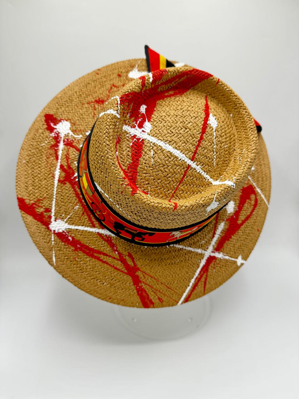 Paper straw boater with white and red paint