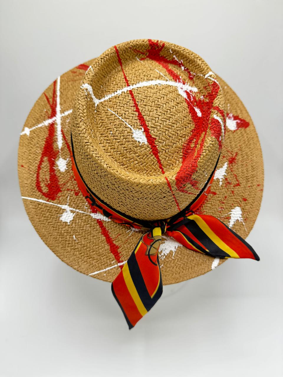 Paper straw boater with white and red paint