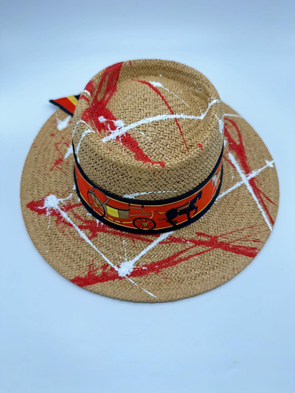 Paper straw boater with white and red paint