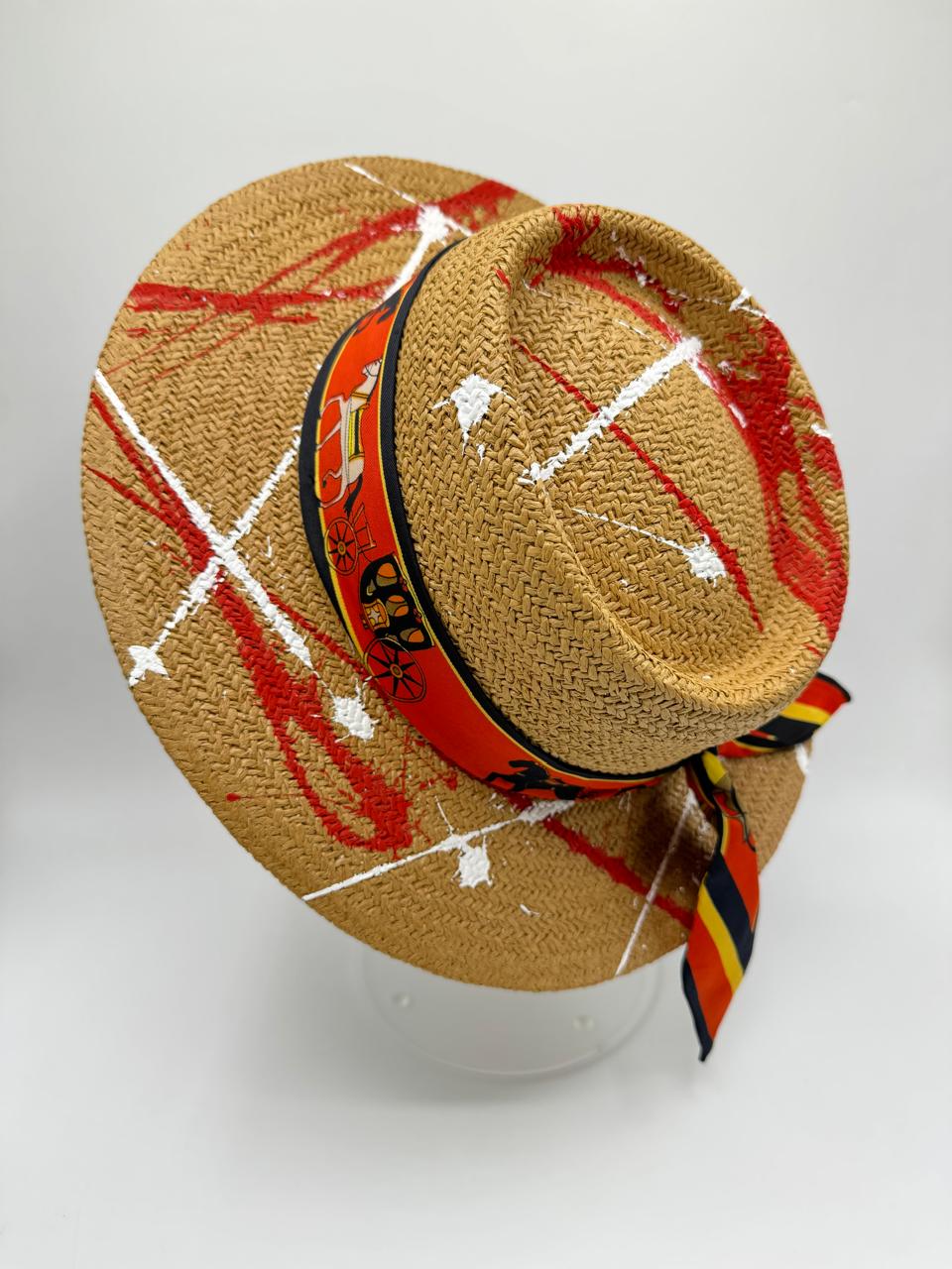 Paper straw boater with white and red paint