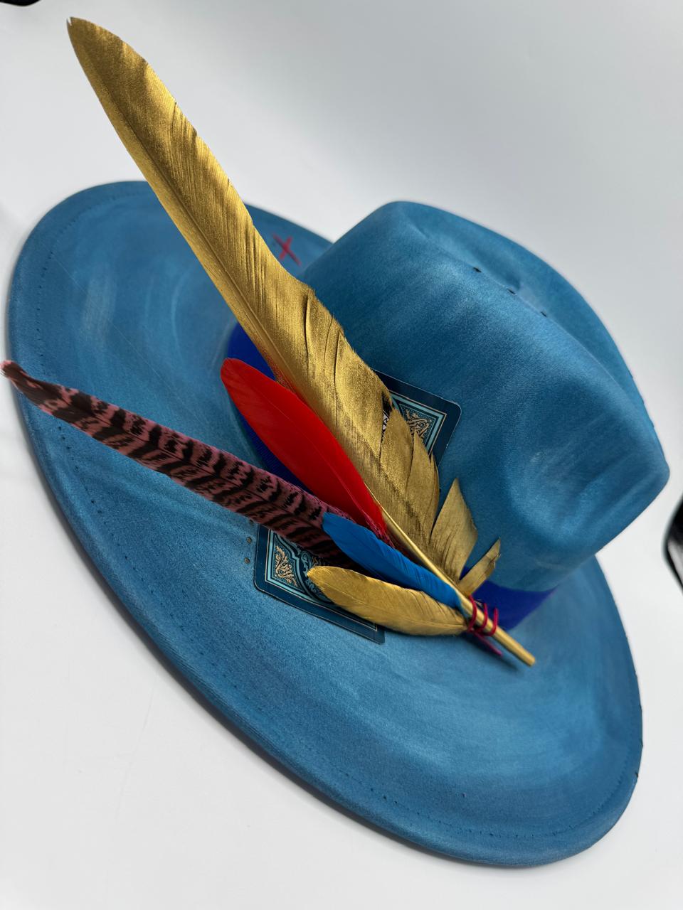 Hand painted blue wide brim fedora with gold feather