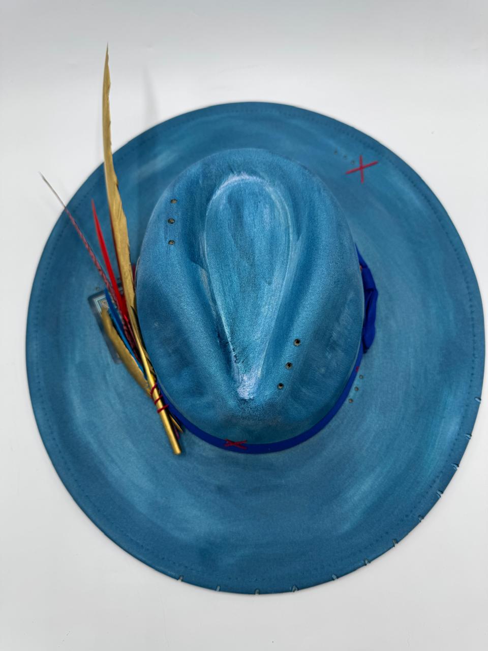 Hand painted blue wide brim fedora with gold feather