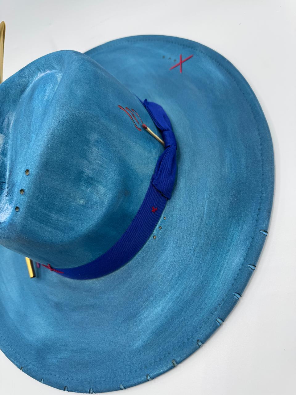 Hand painted blue wide brim fedora with gold feather
