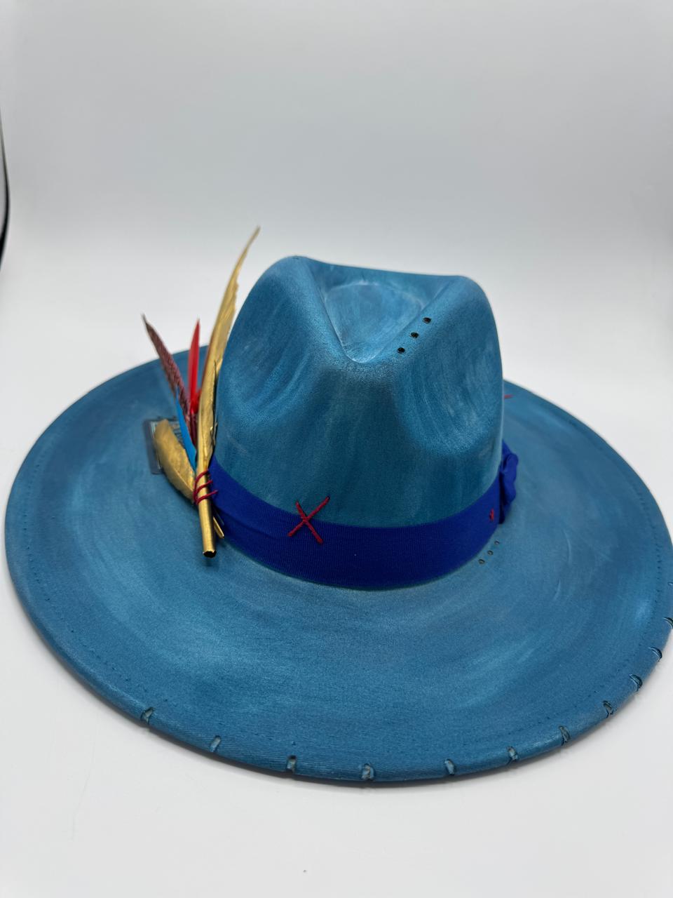 Hand painted blue wide brim fedora with gold feather
