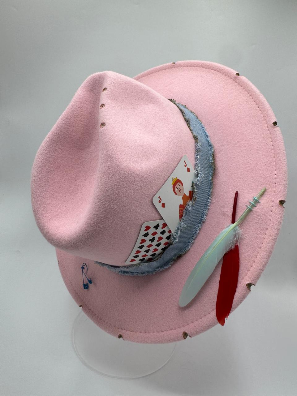 Pink fedora with jeans strap and flame