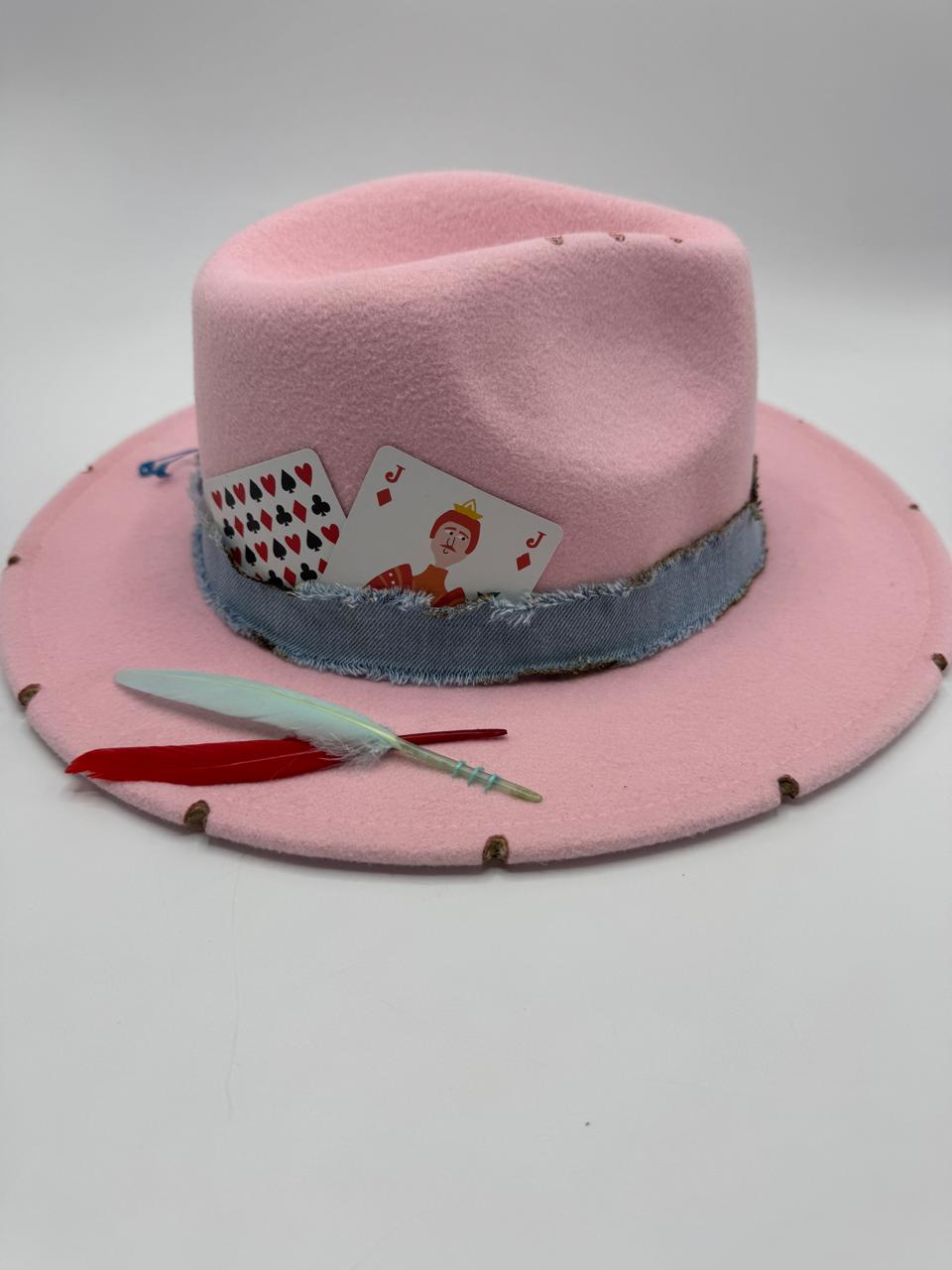 Pink fedora with jeans strap and flame