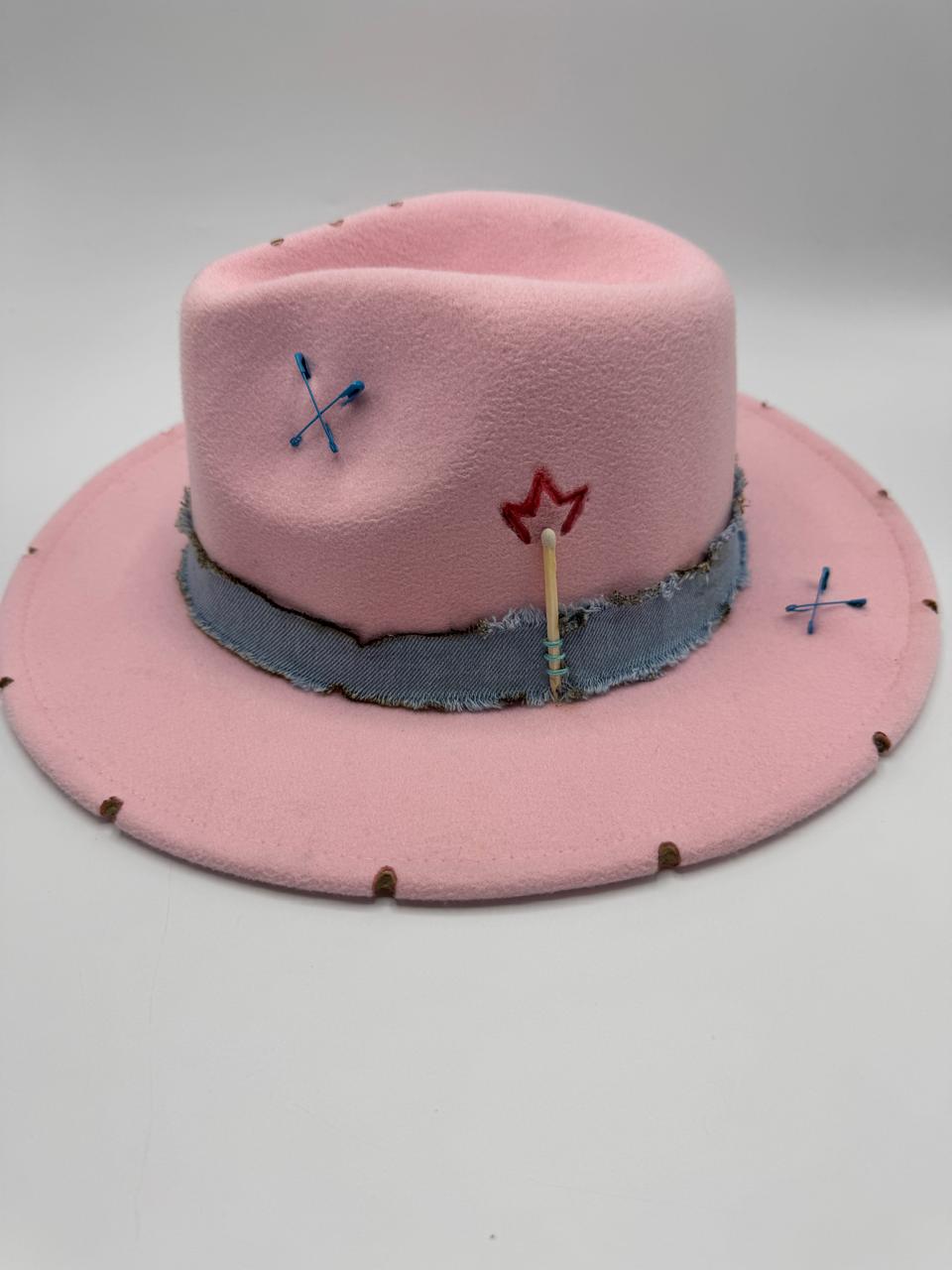 Pink fedora with jeans strap and flame