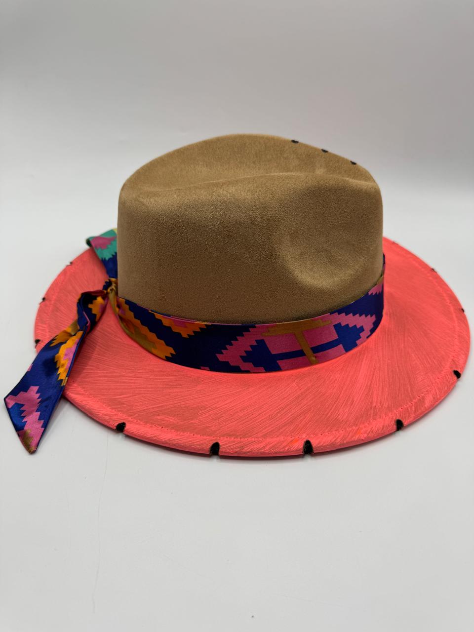 hand painted brown suede fedora with fuchsia and orange details