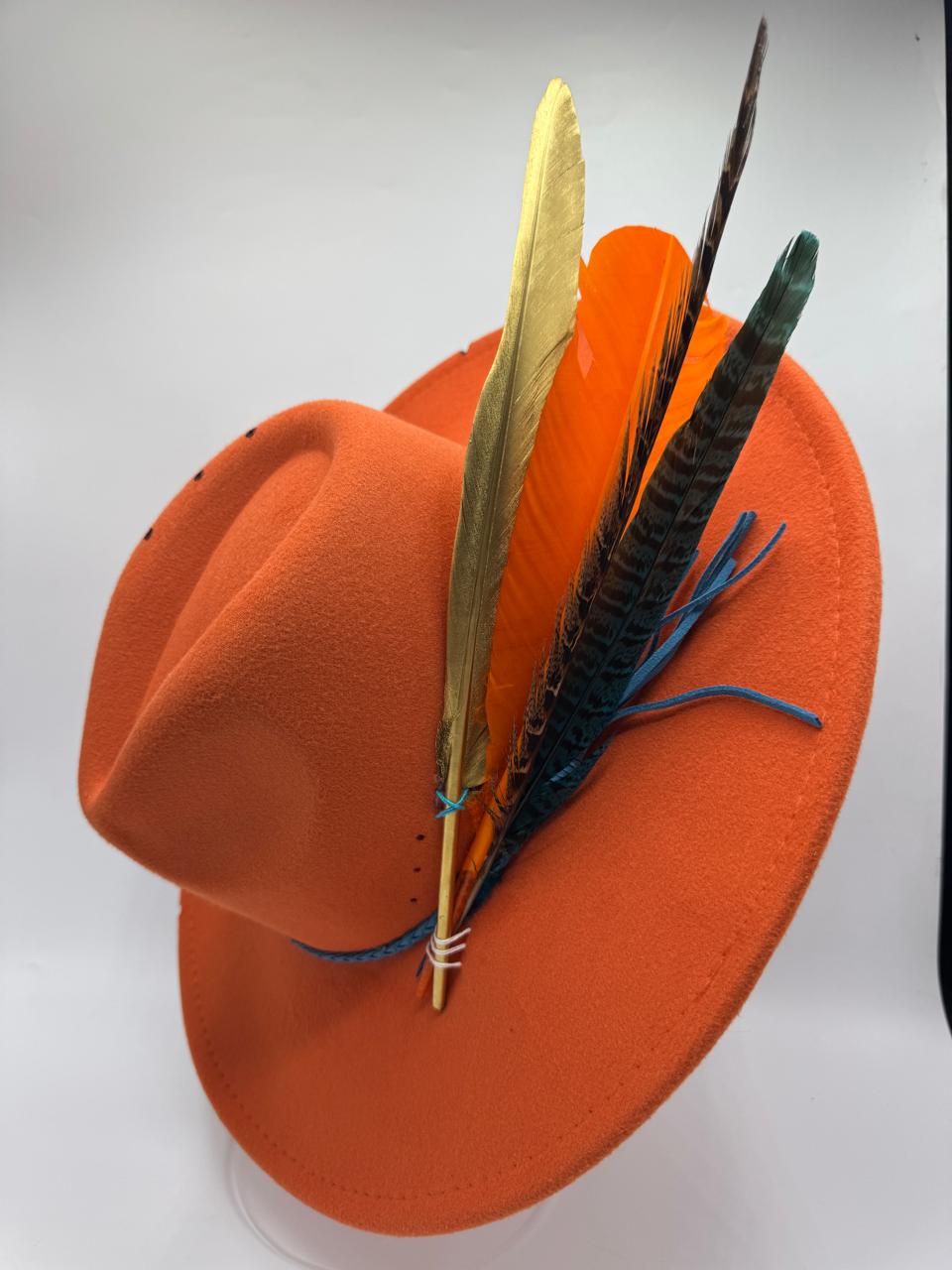 Orange wide brim fedora with blue details and feathers