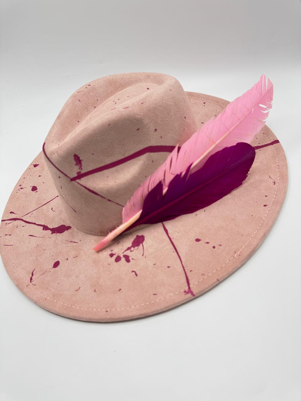 Pink suede large brim fedora with big feathers
