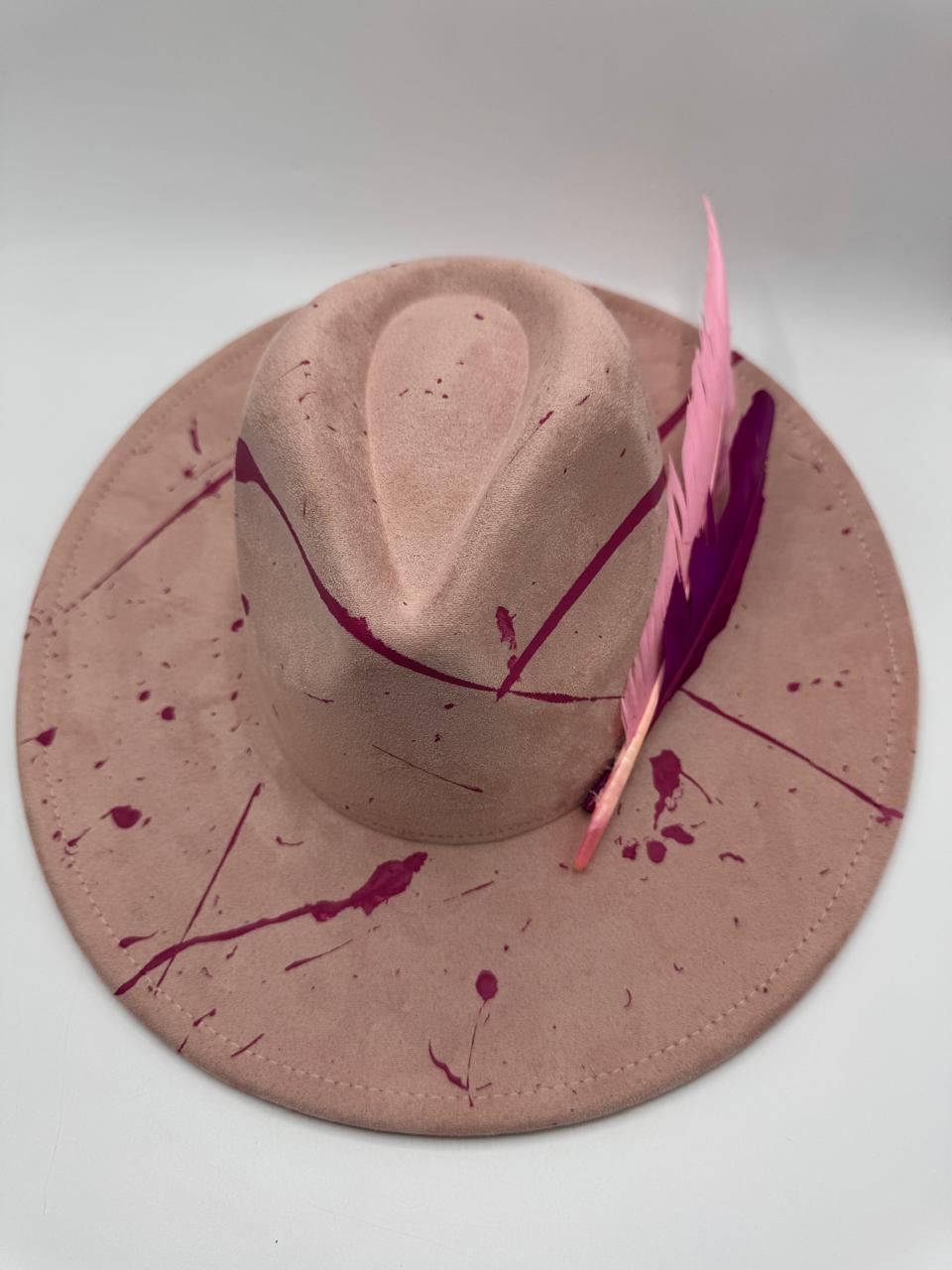 Pink suede large brim fedora with big feathers