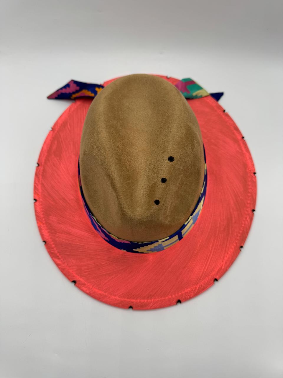 hand painted brown suede fedora with fuchsia and orange details