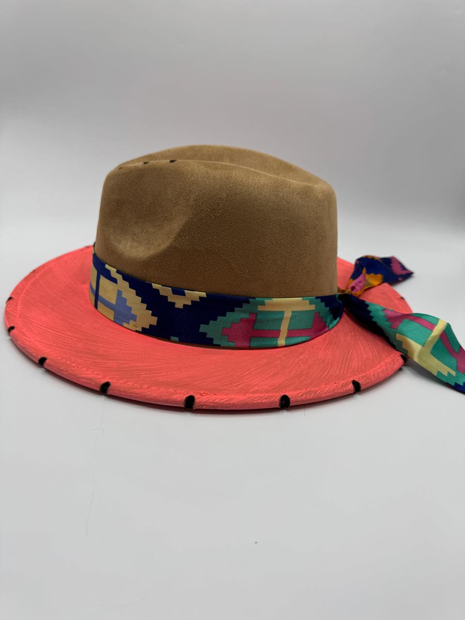 hand painted brown suede fedora with fuchsia and orange details