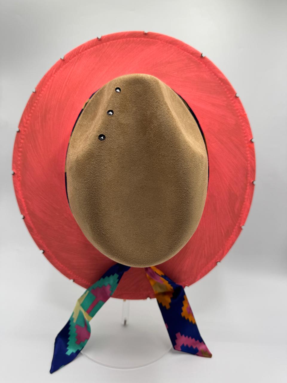 hand painted brown suede fedora with fuchsia and orange details