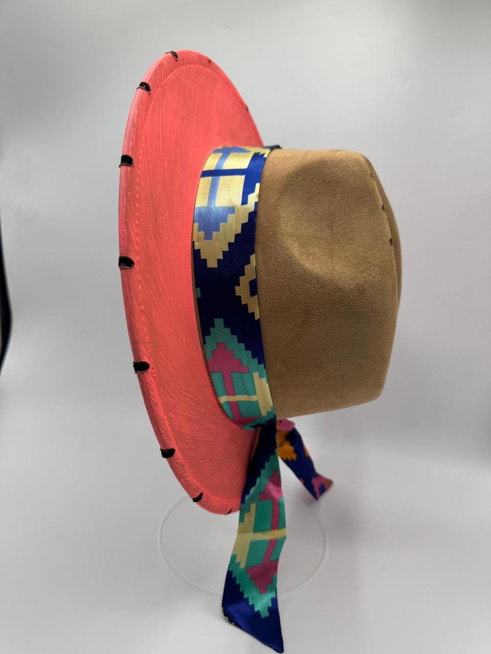 hand painted brown suede fedora with fuchsia and orange details