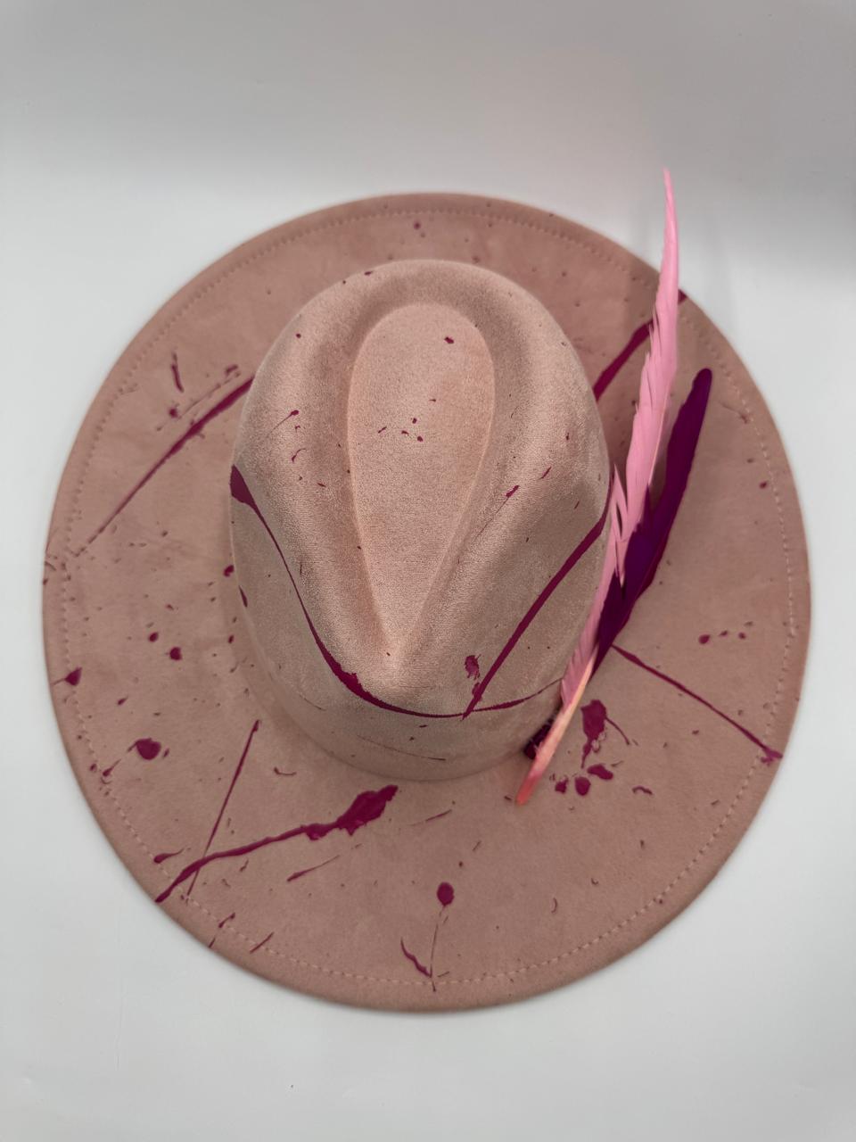 Pink suede large brim fedora with big feathers