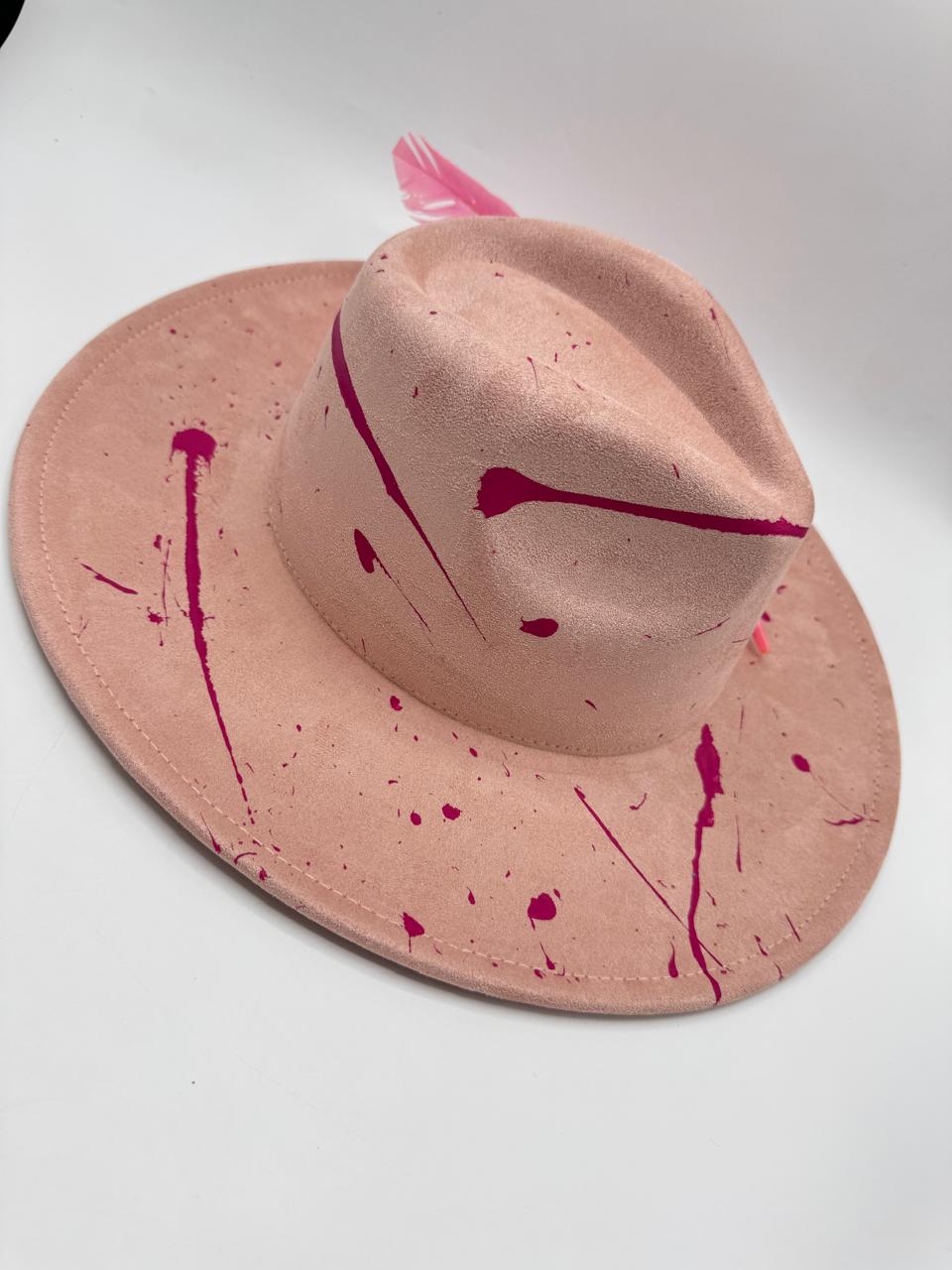 Pink suede large brim fedora with big feathers