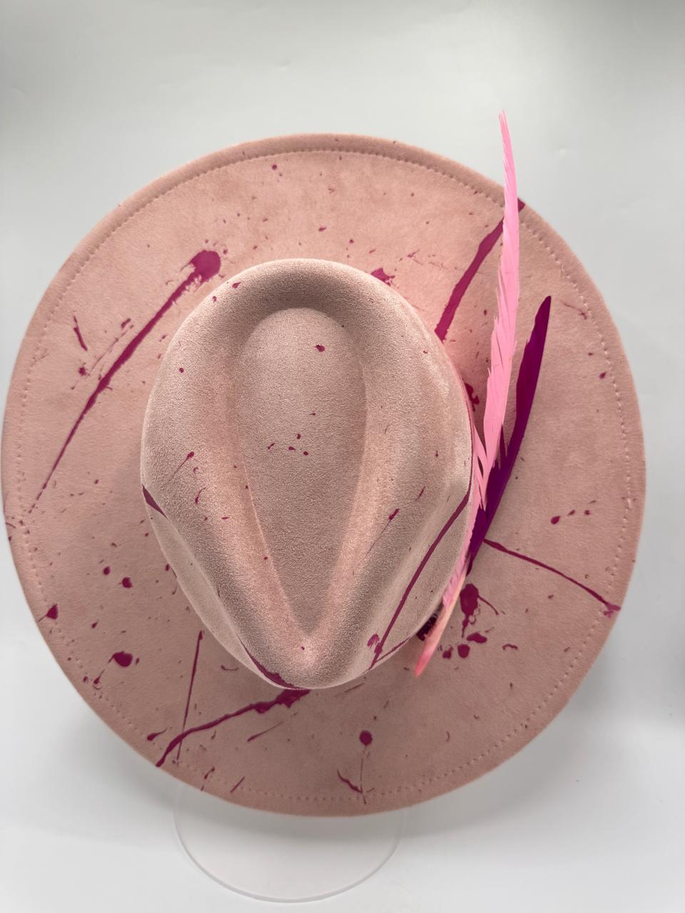 Pink suede large brim fedora with big feathers