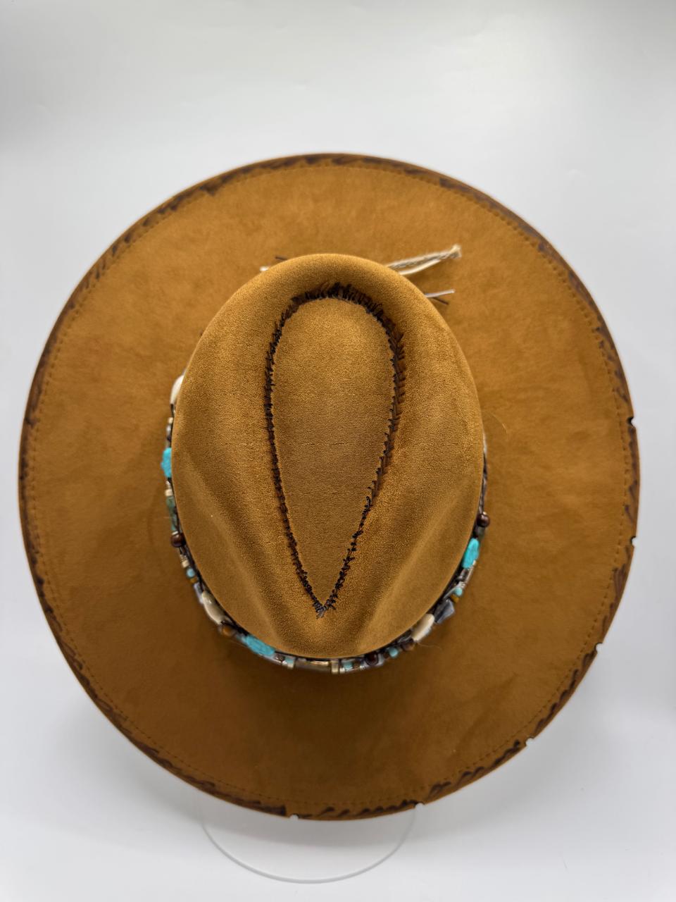 Wide brim suede fedora with carvings and turquoise details